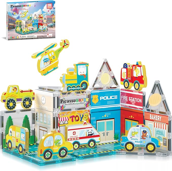 PicassoTiles Magnet Tile Building Blocks Metro City Themed Playset with 8 Character Action Figures Magnetic Tiles STEM Learning Early Education Toy Construction Set Toddlers Boys Girls Ages 3+ PTQ24