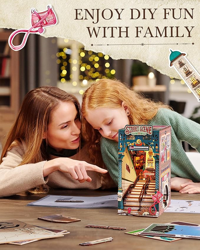 Rolife DIY Book Nook Kits Sunset Street Scene, Endless Stairs Bookshelf Decor 3D Wooden Puzzles for Adults, DIY Miniature House Model Building Kits, DIY Crafts/Birthday Gifts for Teens & Book Lovers