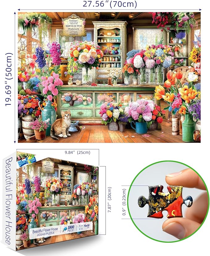 1000 Piece Jigsaw Puzzle for Adults - Colorful Flower Shop Scene with Cat, Premium Quality Cardboard Puzzles for Adults & Family, Challenging Adult Puzzle Games, 27x20 Inches Finished Size