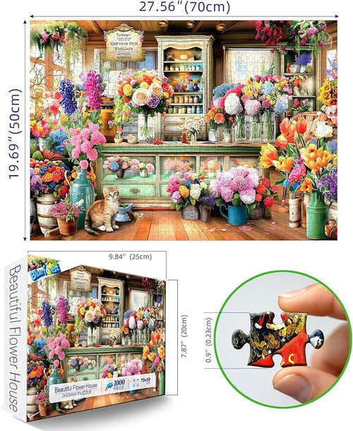 1000 Piece Jigsaw Puzzle for Adults - Colorful Flower Shop Scene with Cat, Premium Quality Cardboard Puzzles for Adults & Family, Challenging Adult Puzzle Games, 27x20 Inches Finished Size