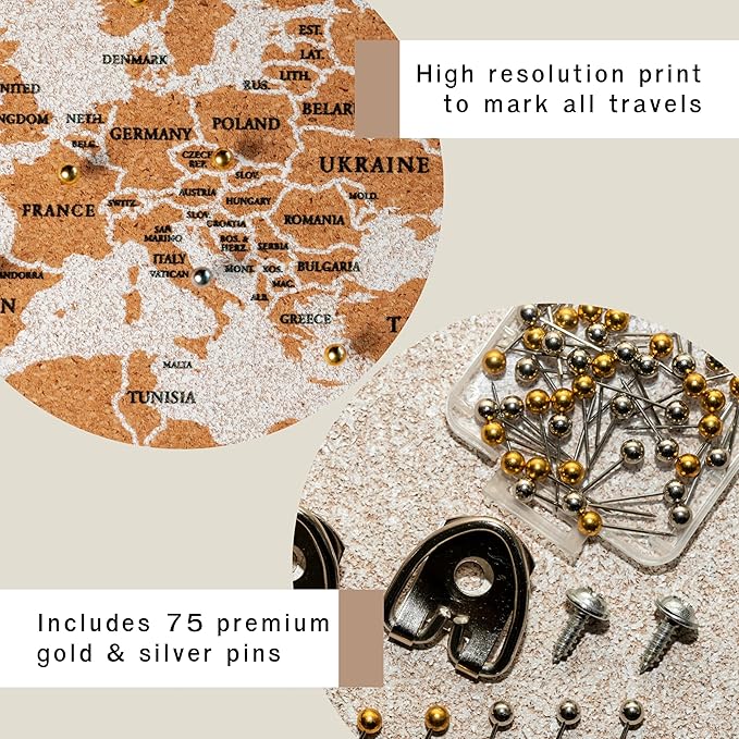 Push Pin World Travel Map – 30" x 20" Framed Cork Board Wall Art, Large Push Pin Map for Tracking Adventures, Unique Gift for Travelers, Couples, and Families