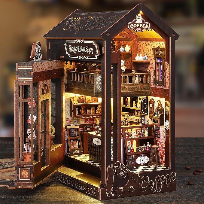 ISSEVE Book Nook Kit - DIY Miniature Dollhouse Booknook for Adults Teen, 3D Wooden Puzzle Tiny House Kit Bookshelf Decor, Gifts for Men Women Halloween Christmas Birthday (Coffee Shop)