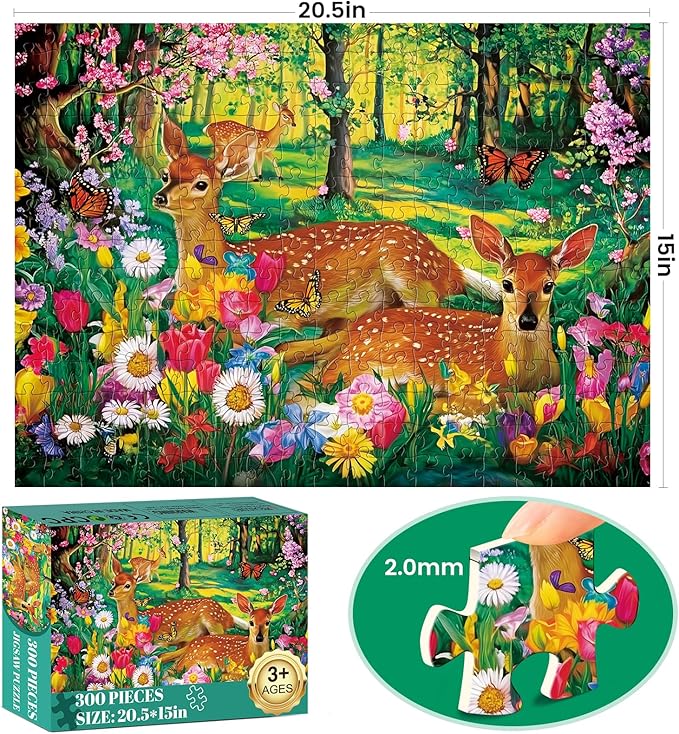 300 Piece Puzzles for Adults,Forest Deer Jigsaw Puzzle 300 Pieces,Interlock Perfectly Letter on Back No Dust,Fun and Challenging Puzzle for Family Time,Relaxing Gift for Adults,Kids,Seniors,20.5 x15in