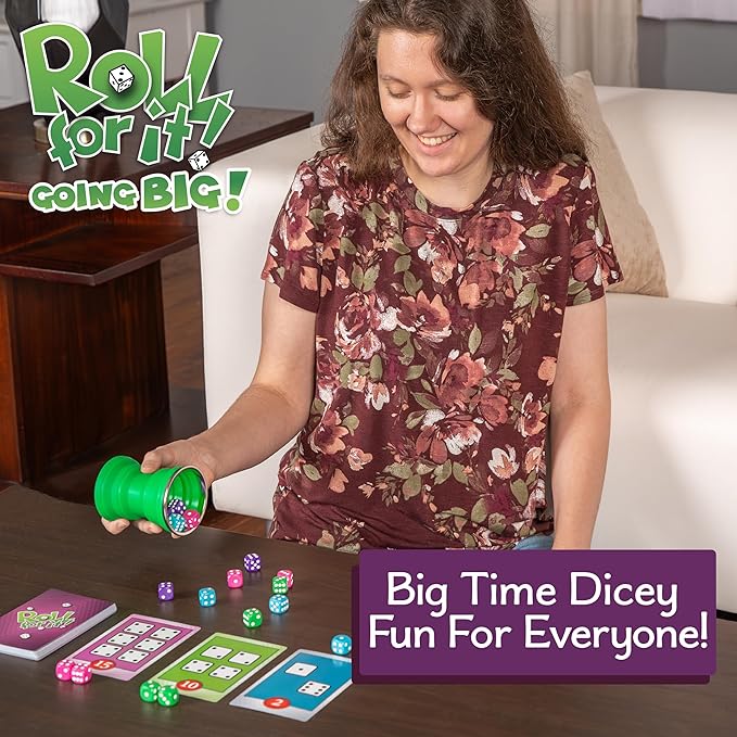 Calliope Games Roll for It Going Big - Fast-Playing Family Dice Game with Big Oversized Cards and Dice, Retirement Party Games, Fun Family Games for Travel, Parties, and Game Night - Purple Edition