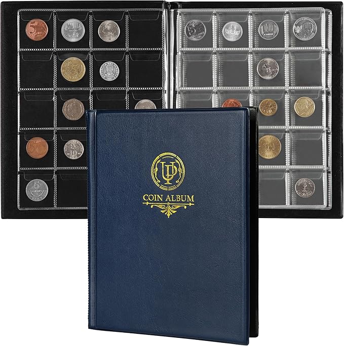 200 Pockets Coin Album - Coin Collecting Book with 10 Pages, 33x33 mm Grid Holder for Pounds Pence Cents Dollars Nickel (Blue) CS48200BL