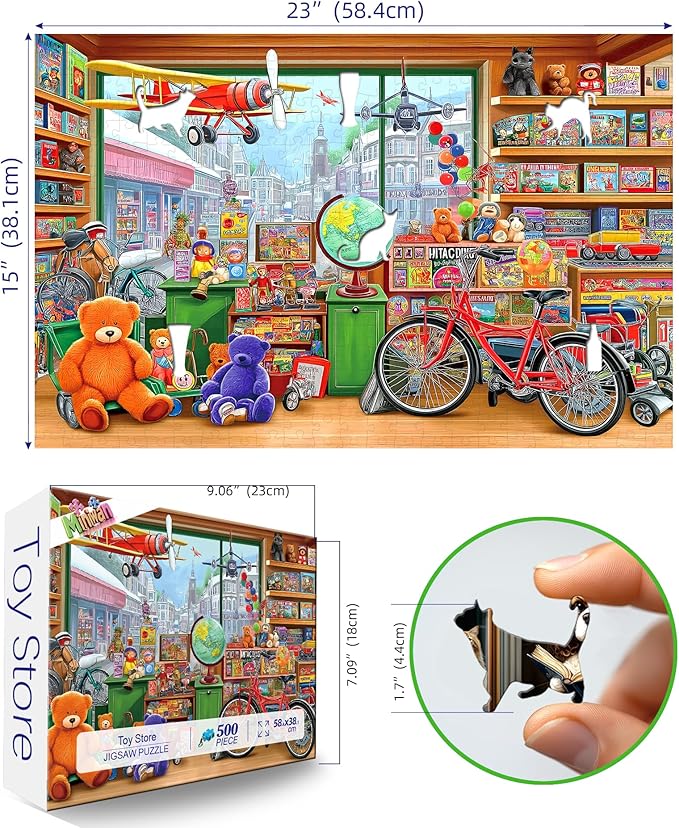 Fantasy Toy Store 500 Piece Jigsaw Puzzle for Adults Adventure Vintage Scene Shop Fun Puzzles with Letters on Back Bears Bicycles Unique Challenge Gift Toy for Family Seniors (23"X15")