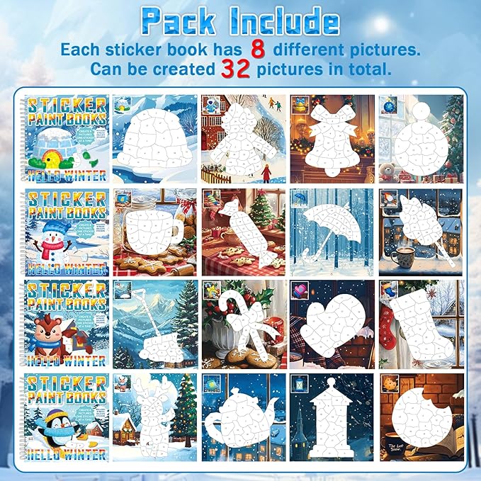 6Pcs Hello Winter Paint by Sticker Books for Kids Ages 4-8 Sticker by Number Books Activity Book for Kids Ages 3-5 Sticker Puzzle Book Xmas Craft Art Toddler Girl Gift with Snowman Penguin 48 Pictures