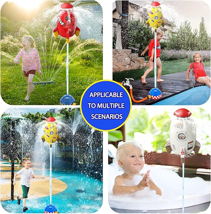 Rocket Sprinkler Toy for Kids, Summer Water Launcher for Backyard Play, Outdoor Lawn Sprinkler Gift for Toddlers and Kids Ages 3 4 5 6 7 8, Easy Setup Water Game with Hose