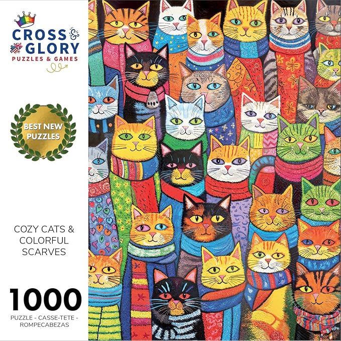 Cross & Glory - Cozy Cats & Colorful Scarves - 1000 Piece Jigsaw Puzzle for Adults | Whimsical Cat Puzzle | Vibrant and Challenging Puzzle for Cat Lovers