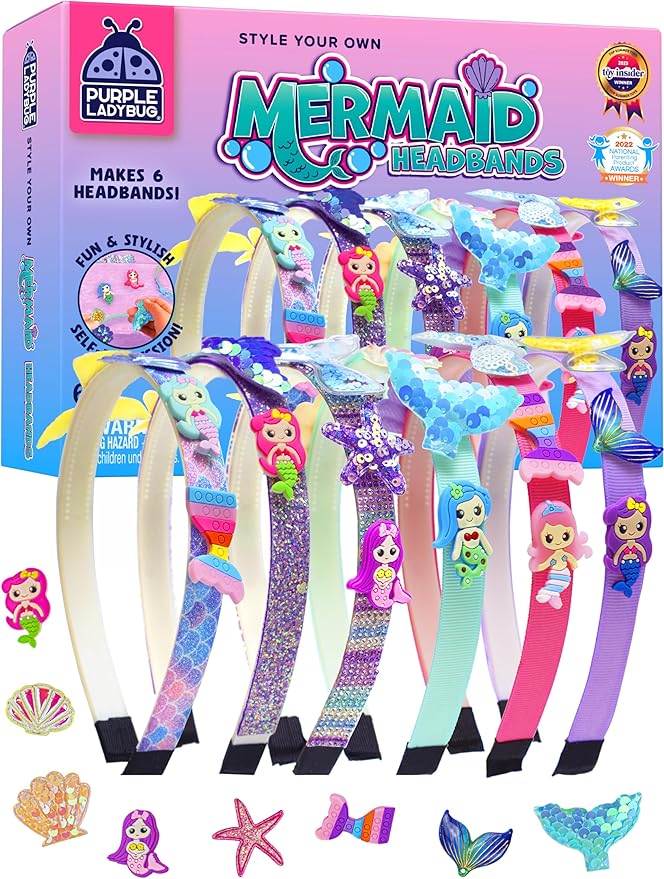 PURPLE LADYBUG Mermaid Headband Kit - Party, Sleepover, Playdates, Summer Activities for Girls, DIY Mermaid Hair Accessories & Crafts, Birthday Gift for Girls Ages 6-10