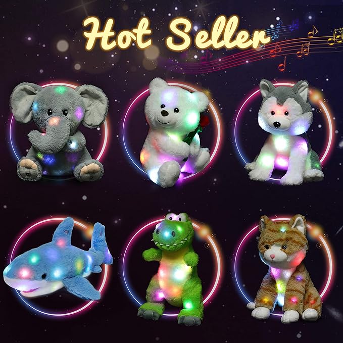 Hopearl LED Musical Stuffed Puppy Lighting Up Singing Plush Dog Adjustable Volume Lullaby Animated Soothe Birthday Festival for Kids Toddler Girls, White, 14''