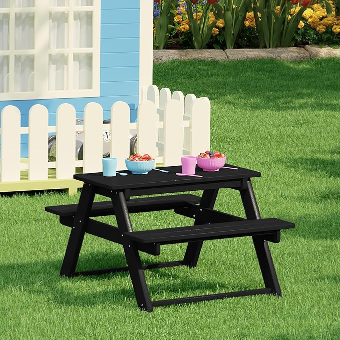 Costaelm Kids Picnic Table, HDPE All Weather Outdoor Toddler Picnic Table and Chair Set Kids Bench for Patio, Backyard, Garden, Lawn, Black