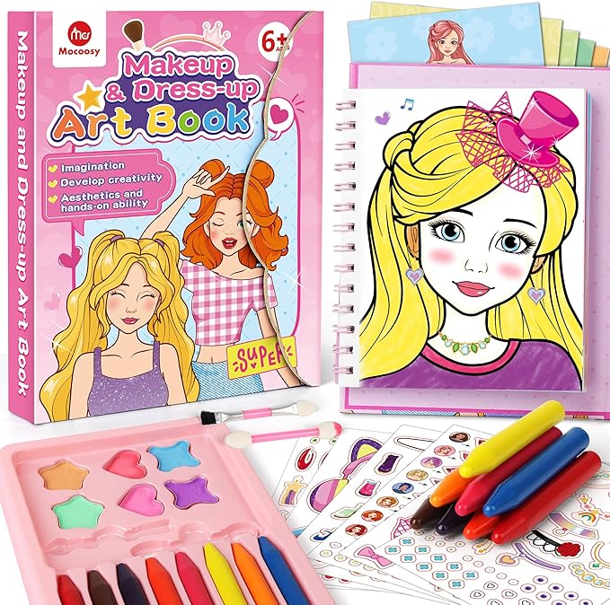Mocoosy Makeup Craft Kit for Girls Ages 6-8, Pretend Makeup Coloring Activity Book with Stickers, Mess-Free Dress-Up Art and Crafts, Travel Game Road Trip Toy Birthday Gift for 4 7 9 10 12 Years Old