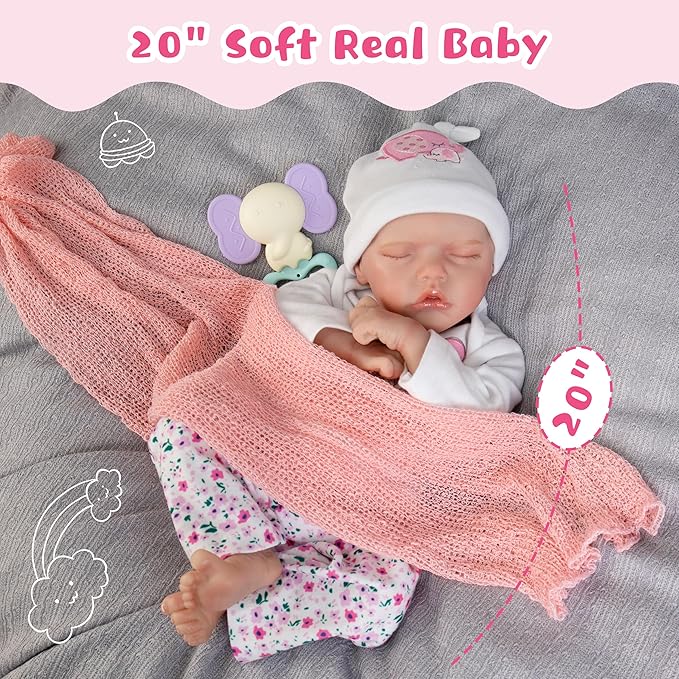 Newborn Baby Doll 20-Inch Sleeping Realistic Baby Dolls Full Body Soft Vinyl Baby Doll Girls Adorable Real Life Baby Dolls with Clothes and Toy Accessories for Kids Age 3+