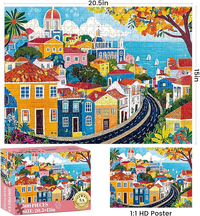 500 Pieces Puzzle for Adults,Fall Colorful Town Building Jigsaw Puzzle for Kids Adults Seniors,Landscape Lover Puzzle for Kids Ages 8-10 10-12,Challenging Family Game Great Gifts for Family,20.5*15 In
