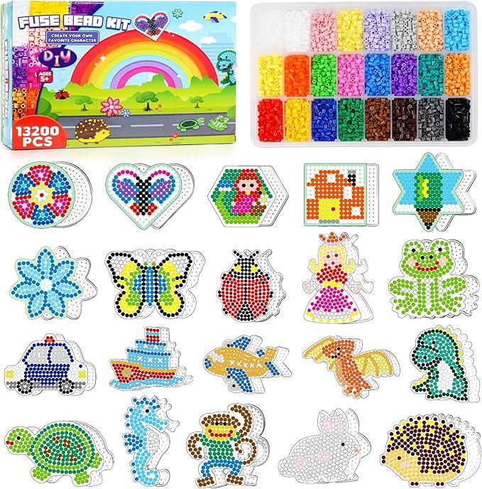 FUNZBO 13200 5mm Fuse Beads Kit - Fuse Beads Set with 20 pcs Special Shaped Pegboards, Home School Arts and Crafts Supplies for Kids, Gifts for Girls and Boys Age 5+ Years Old