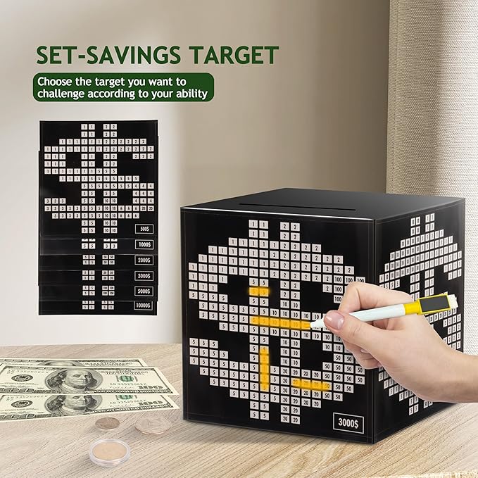 Primo Lines Piggy Bank for Adults Must Break to Open, with Savings Counter & Goal Tracker, Unbreakable Stainless Steel Money Box for 10K Challenge $3000 $5000, Kakeibo(4.72 Inch)