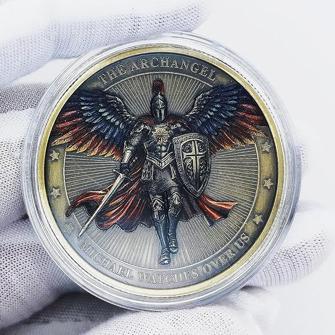 Archangel Michael Challenge Coin Religious Art Collectible with Inspirational Scripture Psalm 91:10 – 11 (Pack of 3)