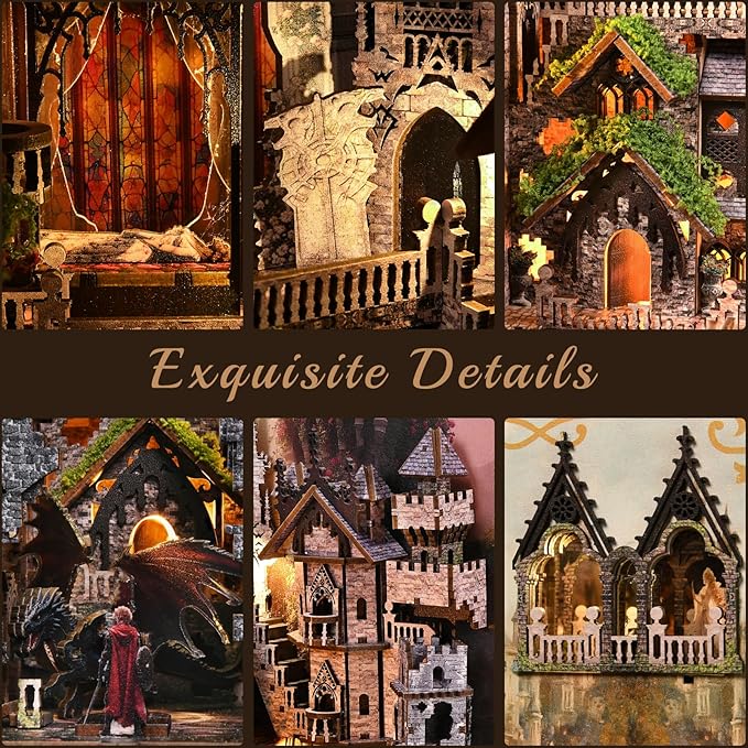 Book Nook Kit - DIY Doll House Booknook, Book Nook Miniature Kit for Bookshelf Doll Houses for Adults Teen Halloween, 3D Wooden Puzzle Bookends with Led Light and Dust Cover (Sleeping Beauty)