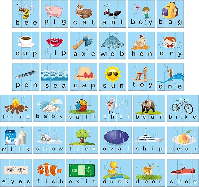 72 Word Spelling Puzzles with Error-Correction Mechanism in 3 and 4 Pieces, Perfect for Preschool Learning (36 Blocks Double Sided)