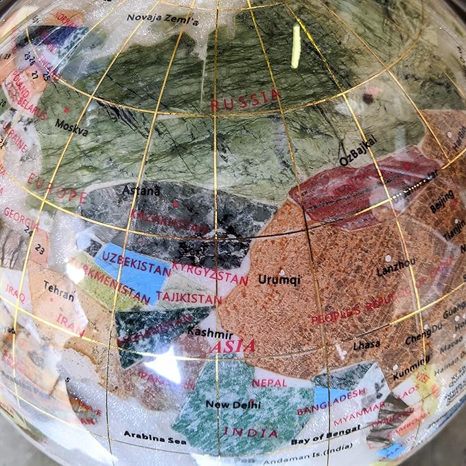 Limited Edition! Unique Art Since 1996 Pearl Swirl Table Top Gemstone World Globe with Tripod Silver Zinc Alloy Stand (220MM/9 INCHES/Pearl Ocean/Silver)