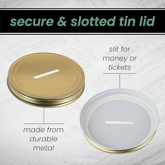 Mason Large Coin Bank with Slotted Gold Lid - Holds Up to $3,000 in Quarters - 1 Gallon Glass Money Jar for Piggy Bank, Tips, Raffle Tickets & Donations - Made in USA