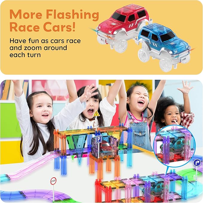 PicassoTiles 2pcs Magnetic Toy Car Set Highly Detailed Compatible with Magnet Race Track STEM Truck Replacement Accessories Educational Construction Building Kits for Toddlers Boys & Girls Ages 3+