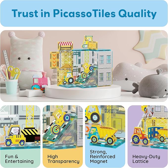 PicassoTiles Magnet Tiles Magnetic Building Blocks with 8 Construction Vehicles Crank Truck Excavator Bulldozer Road Roller Concrete Mixer Tractor Dump Truck Forklift Toys Learning Kids Ages 3+ PTQ11