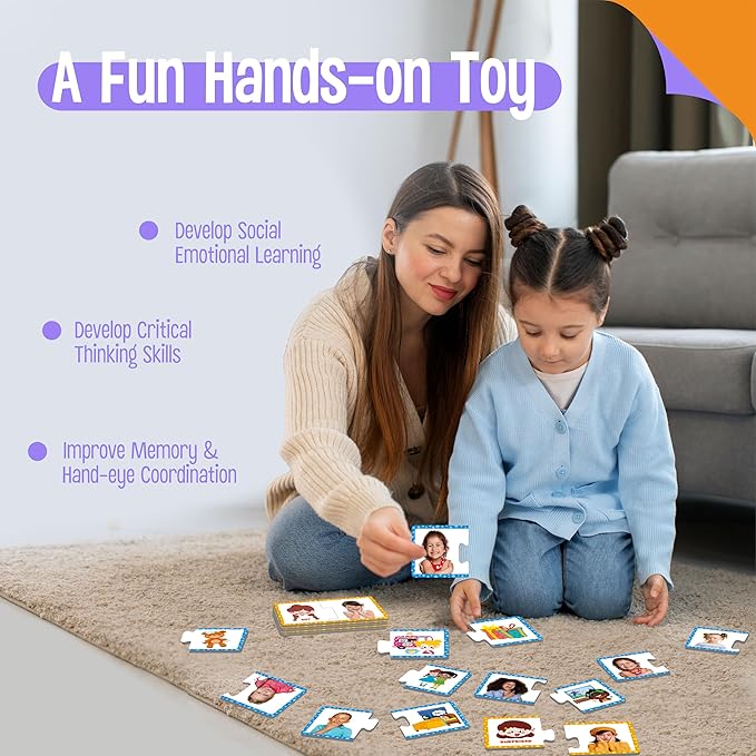 Feelings & Emotions Puzzle Cards, 50PCS Puzzles with Different Moods-Learn to Identify Various Feelings, Learning Toy for Kids with Autism, ADHD -Educational Tools for Therapy, Classroom, Home Use