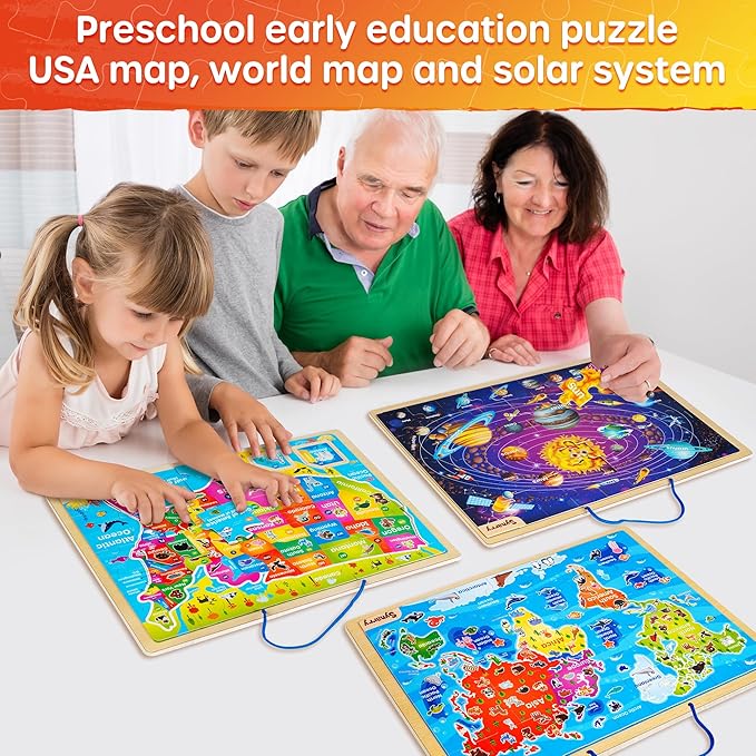 SYNARRY Large USA World Solar System Wooden Magnetic Puzzles for Kids Ages 4-6, Wood Puzzles Educational Games Toys Gifts for Toddlers, United States World Planet Space Map for Boys Girls Ages 3-5 4-8