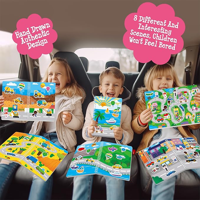 Reusable Jelly Sticker Book, 53 Vehicle Thick Jelly Stickers Waterproof Gel Cling Decals Transportation Themed Busy Book Hands-on Activity Travel Game Educational Learning Toys for Toddlers, Kids