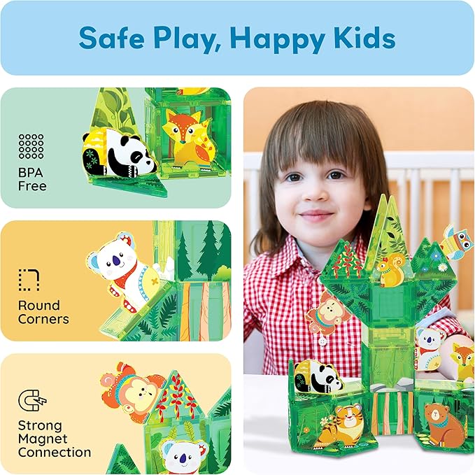 PicassoTiles Magnet Tile Building Blocks Forest Animal Themed Playset with 8 Character Action Figures Educational STEM Learning Construction Kit Pretend Play Magnetic Tiles Toddler Kids Ages 3+ PTQ26