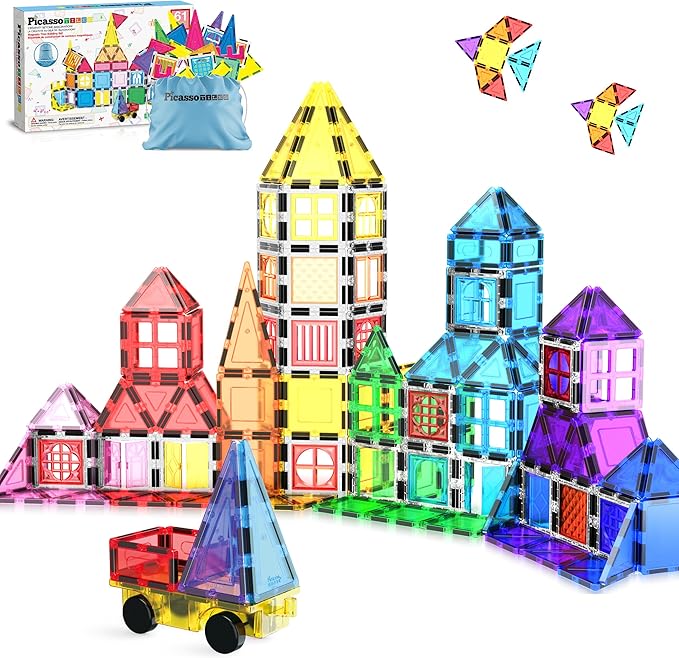 PicassoTiles Magnetic Toys Panda & Monkey Parents Set Magnet Tile Block Compatible Add-Ons Expansion Pack with Panda, Cub, Monkey and Baby Monkeys Learning Educational Toddler Sensory Play Toy Ages 3+