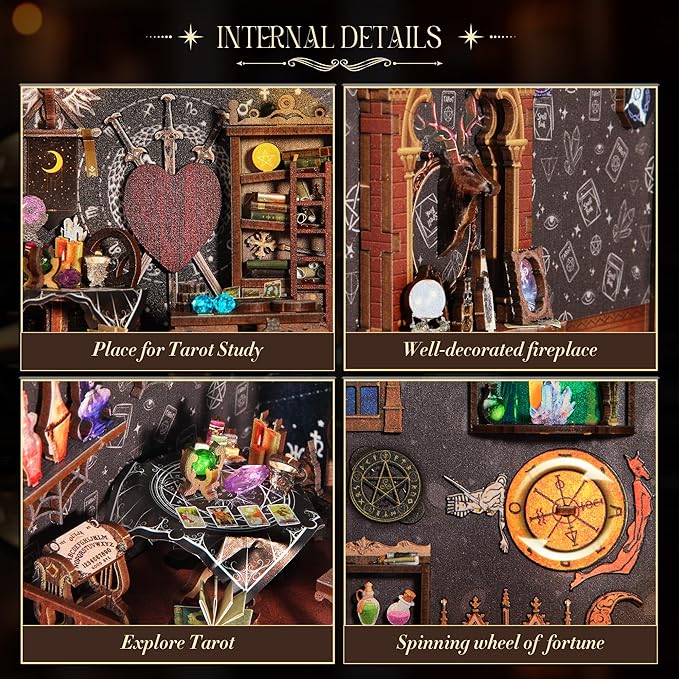DIY Book Nook Kit, 3D Wooden Puzzle Booknook, Bookshelf Miniature House Kit Dollhouse, Tarot Divination Test, with LED Light, Dust Cover, Gift for Adults Teens (Mysterious Tarot)