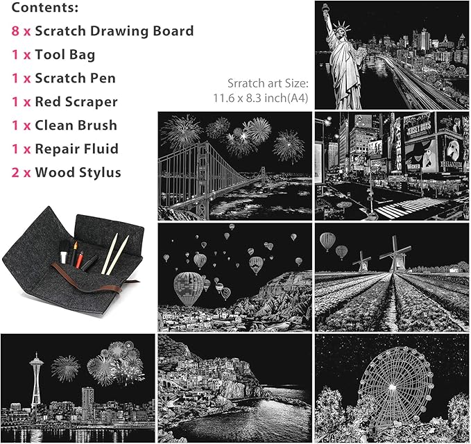 M MUGIT Scratch Art for Adults Kids, Rainbow Painting Night View Scratchboard(A4), Crafts Set: 8 Sheets Scratch Cards with 6 Tools in Bag - New York, Statue of Liberty, Cinque Terre(America/Europe)