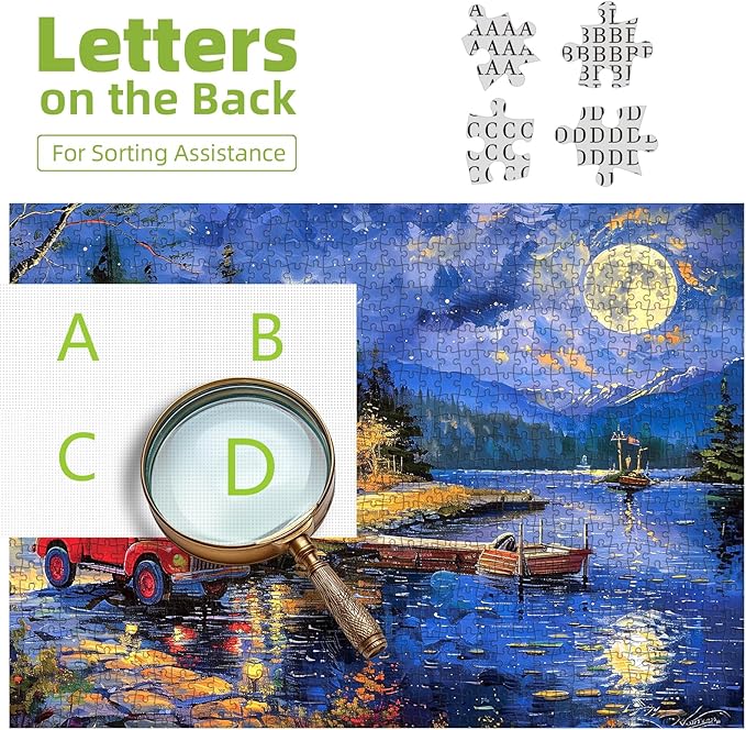 Lake House Night Landscape Jigsaw Puzzles for Adults 1000 Piece Village Puzzle for Adults with Letters on Back Challenging Family Puzzle Games Gift for Men Women Seniors Size is （26.75 x 19.75）