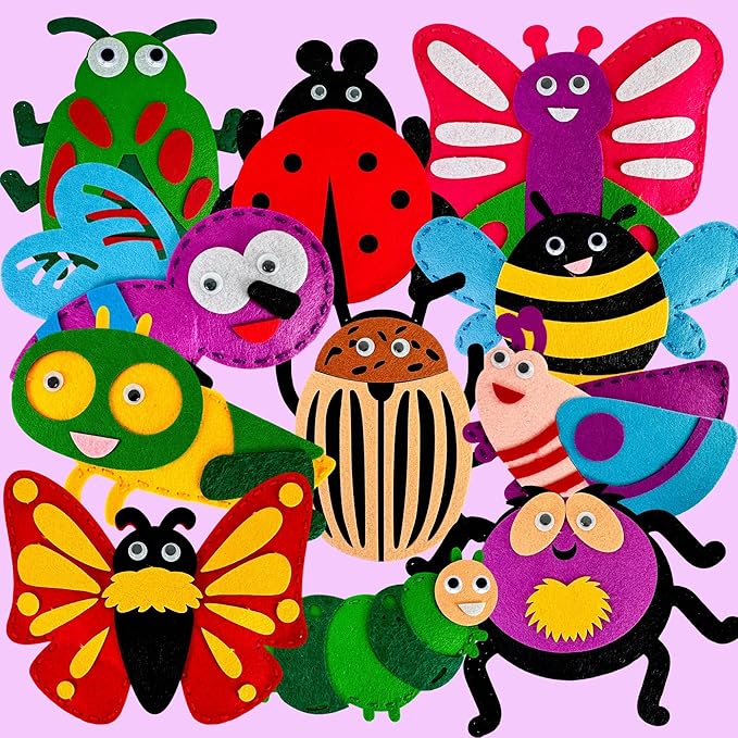 QUOKKA Kids Crafts Ages 4-8, DIY Beginner Needle and Thread Kit - 12 Bugs & Insects Sewing Kit Basic - Fun Art Crafts for Kids Ages 6-8 Girls Boys - Plastic Needles, Scissors - 6+ Year Old Girl Gifts