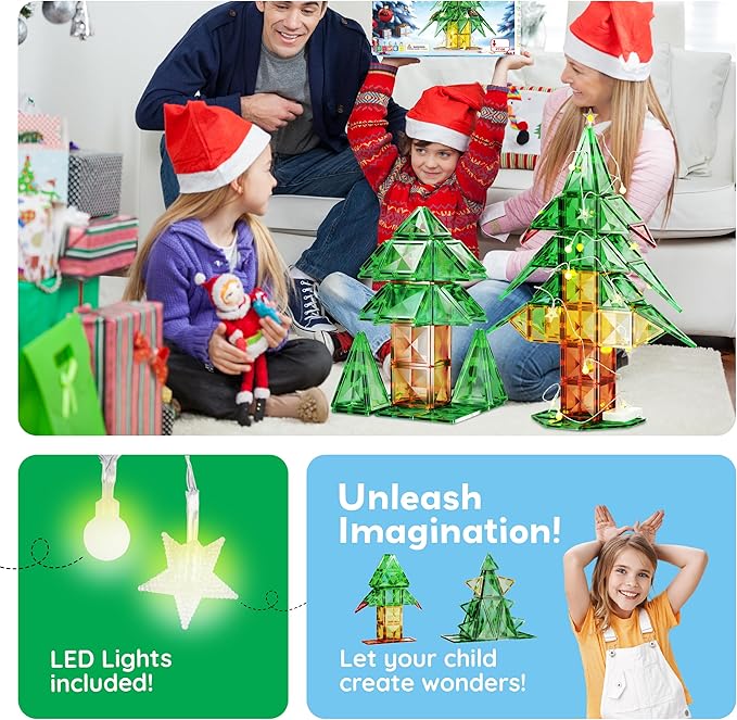 PicassoTiles 106pc Magnetic Tiles LED Light-Up Tree Toy Holiday STEM Toys for Kids Educational Magnet Building Blocks Gift for Toddlers Boys Girls Christmas Montessori Puzzle Play Set Ages 3+ PT106