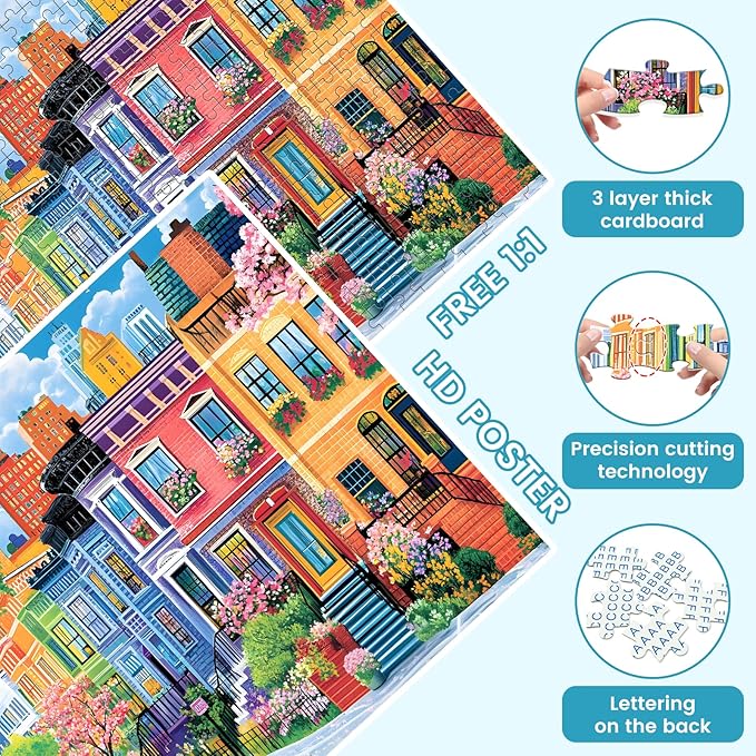 500 Pieces Puzzles for Adults, Spring Puzzle for Adults Children Elderly, Colorful Street Jigsaw Puzzle, Recycled Paper Puzzle 500 Pieces, Family Activity Game Nights Gifts 20.5x15 in