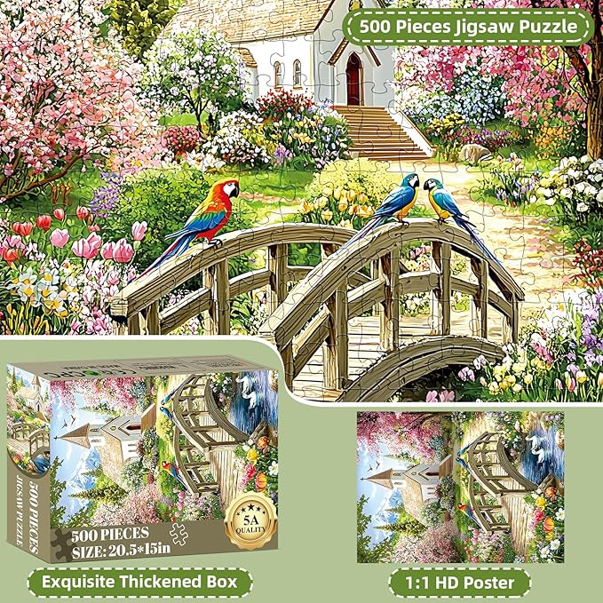 Puzzles for Adults 500 Pieces,Charming Lakeside Church Puzzle for Adults,Beautiful Flower & Parrot Jigsaw Puzzles for Kids Seniors Teens,Puzzles for Family Game Nights & Holiday Party Gifts,20.5x15 In