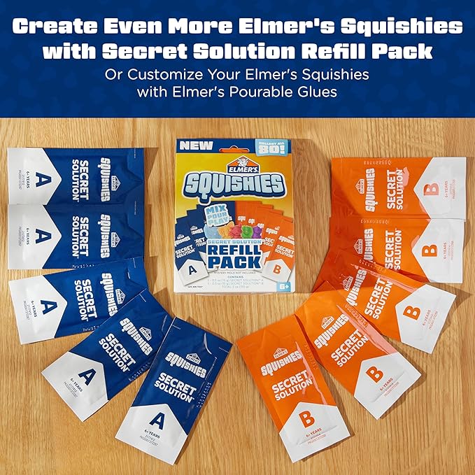 Elmer's Squishies Activity Kit Glow in the Dark | DIY Toy Creation | Mystery Characters | Ages 6+ | Creates 2 Characters, Pack of 4