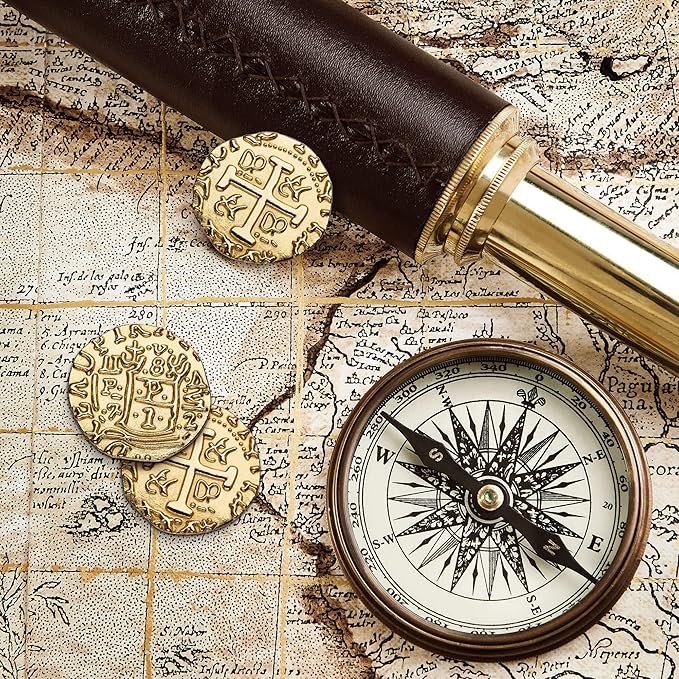 Large Metal Pirate Coins - 100 Gold Treasure Coin Set, Metal Replica Spanish Doubloons for Pirate Party Decorations & Favors, Tokens, Toys, Cosplay - Pirate Treasure Chest, Size 1.18"