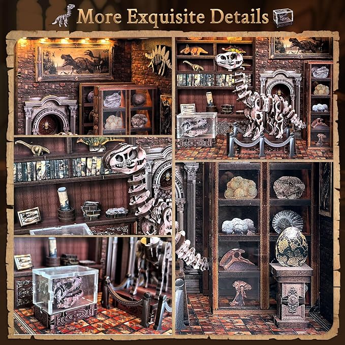 Book Nook Kit, DIY Miniature Dollhouse Booknook Kit for Adults and Teens, 3D Wooden Puzzle Bookshelf Crafts Kits with LED Light for Family and Friends (Dinosaur Research Institute)