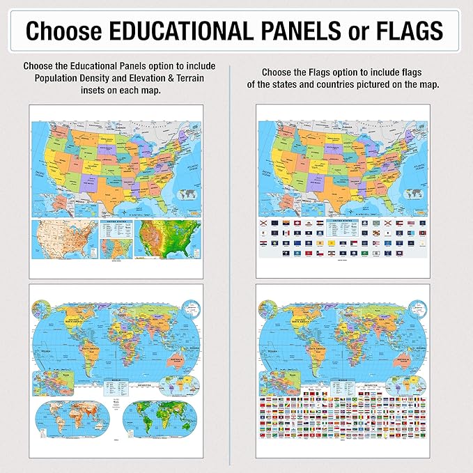 US & World Primary Laminated Classroom Map Pack by BrightWay Educational | 36" x 30" Educational Wall Maps | Grades 1-5 | Bright Colors & Large Fonts | Geographical Features | National Capitals & Major Cities (With Educational Panels)