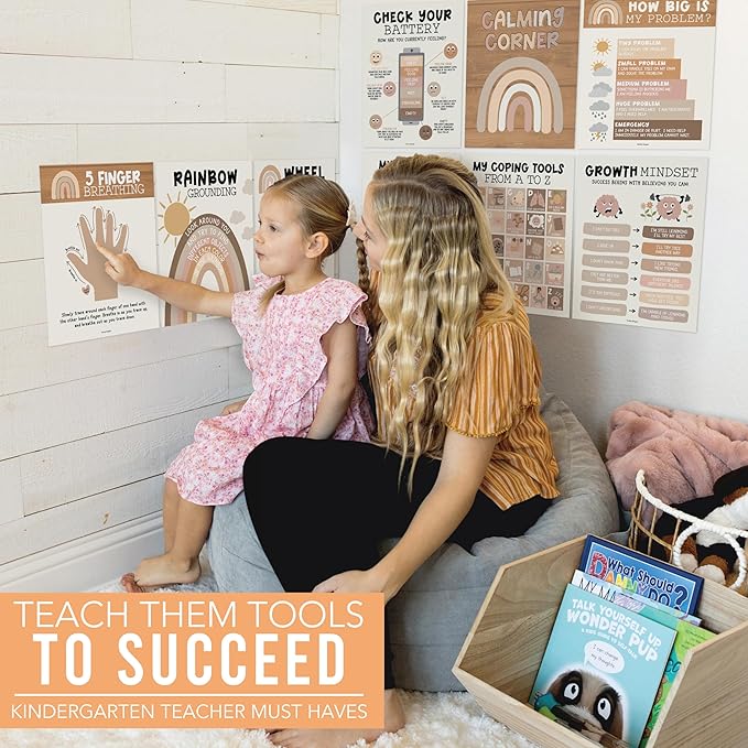 Hadley Designs 9 Calming Corner Posters For Classroom Must Haves For Teachers - 11x14 Calm Down Corner Supplies, Feelings Chart For Kids Ages 4-8, Feelings Wheel Poster, Boho Classroom Decor