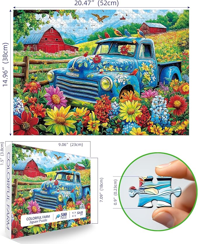 500 Piece Puzzles for Adults & Family - Songbirds Farm Jigsaw Puzzle with Recycled Cardboard | Vintage Truck, Red Barns & Wildflowers | 21x15 Inch Art Puzzle Gift