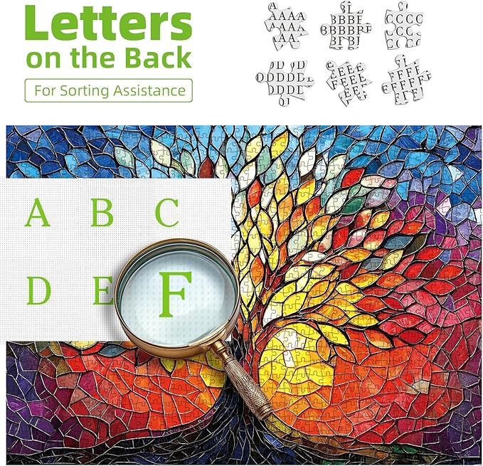 Puzzles for Adults 1000 Pieces Stained Glass Tree of Life Puzzle for Adults Colorful Mosaic Jigsaw Puzzles 1000 Pieces with Letters on Back Hard Impossible Difficult Challenging Family Puzzle