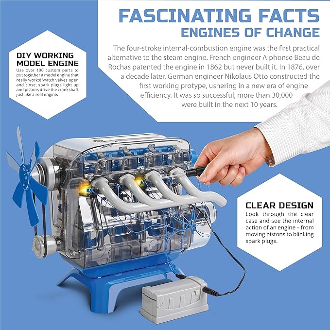 Discovery Model Engine Building Kit, DIY 4-Cylinder Combustion Engine, Working Pistons Fan Valves Belts LED Lights, STEM Mechanic Engineering Construction Experiment Set, Kids & Adults Gift