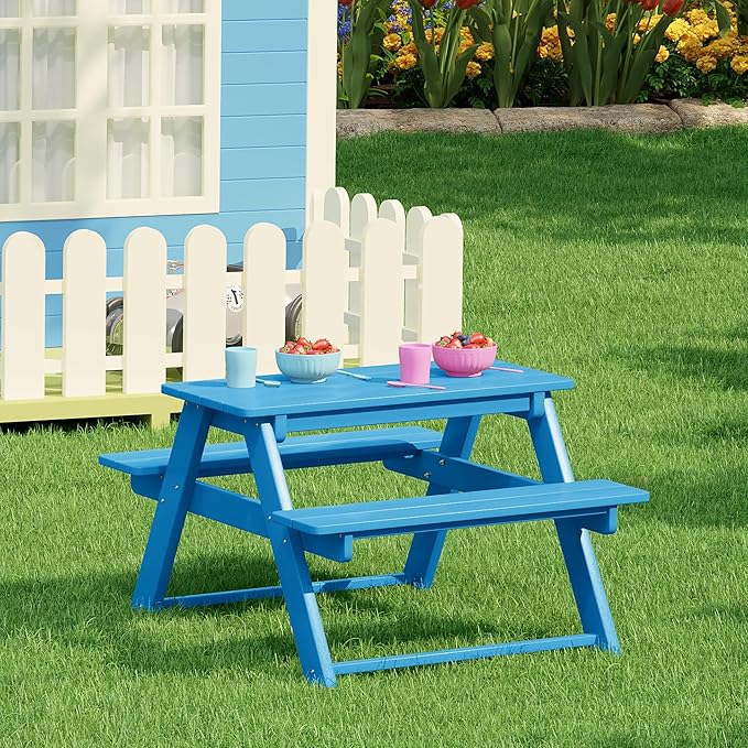 Costaelm Kids Picnic Table, HDPE All Weather Outdoor Toddler Picnic Table and Chair Set Kids Bench for Patio, Backyard, Garden, Lawn, Pacific Blue