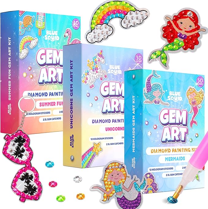Blue Squid Diamond Art Kits for Kids – Mermaid, Unicorn & Under The Sea - Fun & Easy DIY 5D Gem Art Kids Diamond Painting Kit - Arts & Crafts Kit, Girls, Boys Ages 6-12
